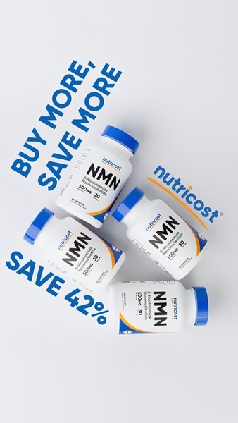A vertical ad layout showcasing multiple NMN supplement bottles arranged in a geometric, top-down perspective to emphasize product volume and savings.